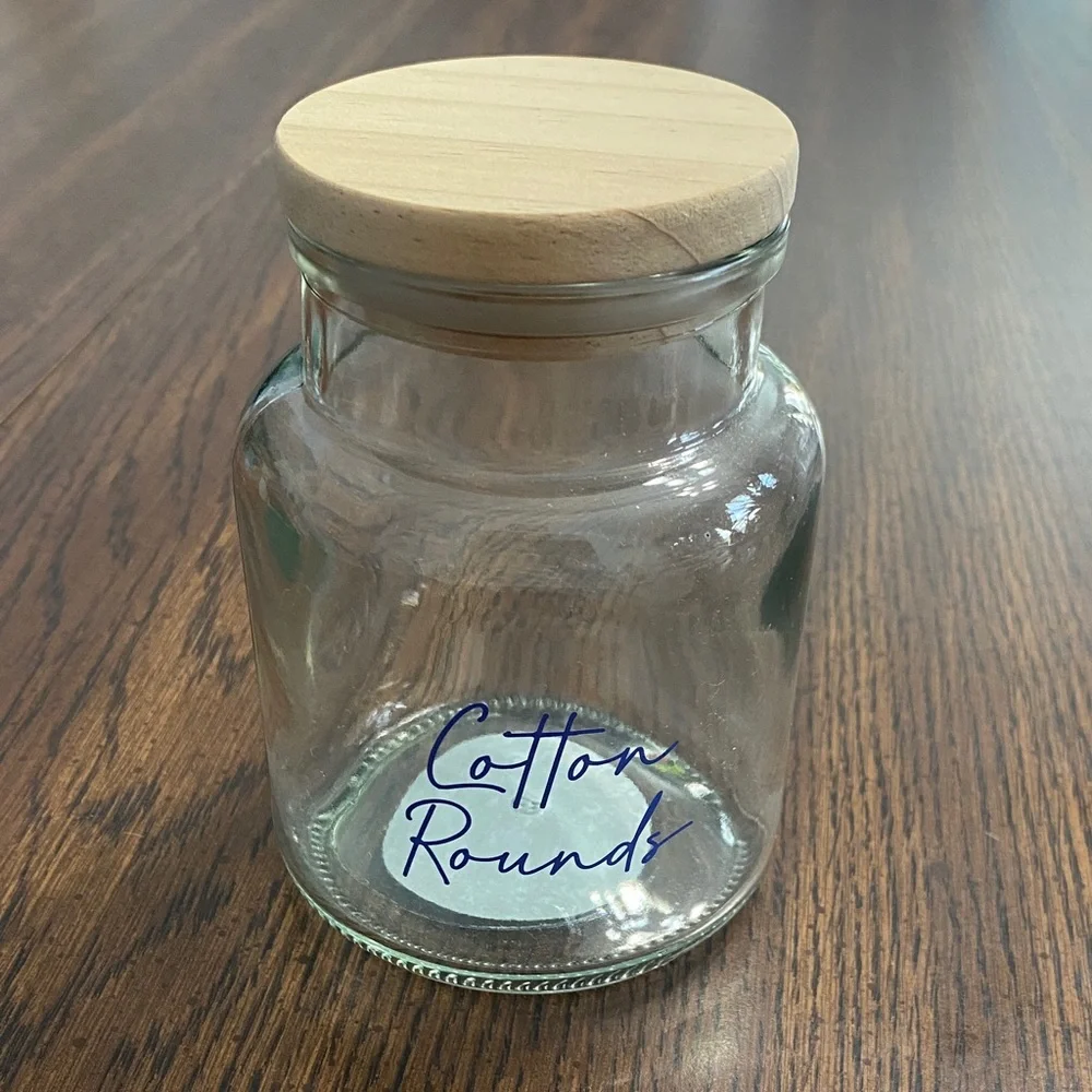 “5/$20” Cotton rounds glass storage jar with wooden lid